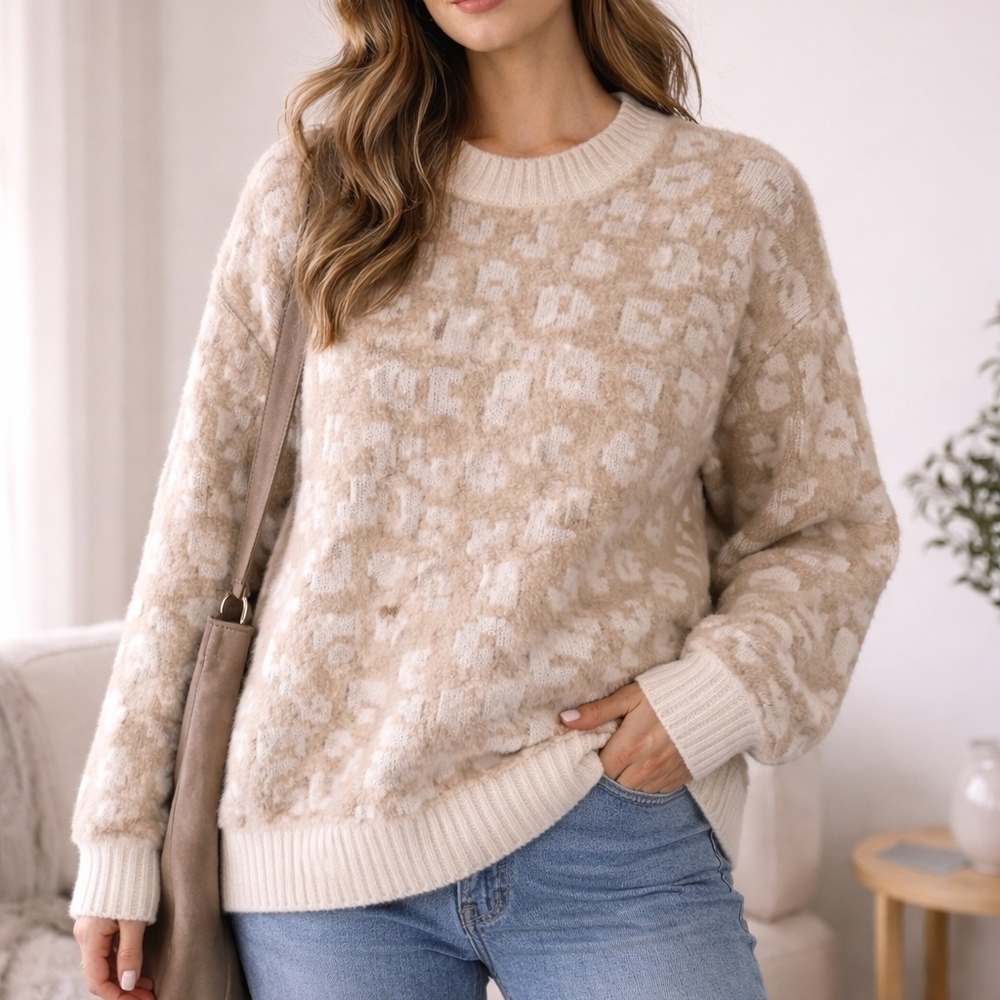 Splendid Sweater Size L Beige Leopard Print